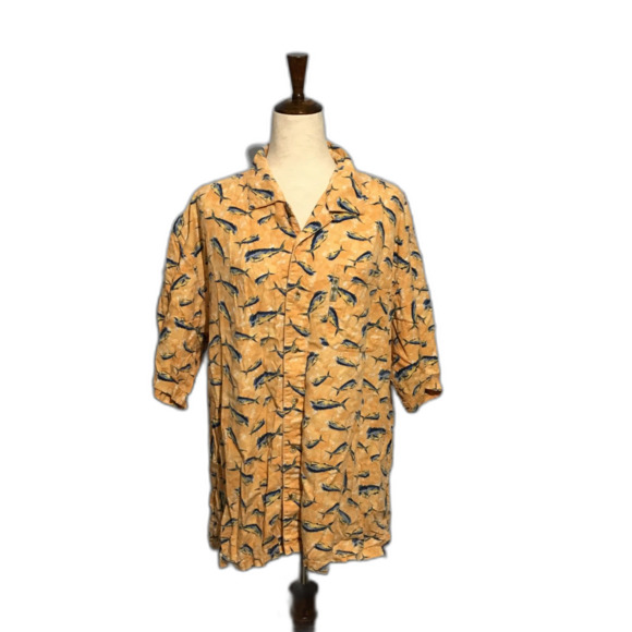 Columbia Swordfish Print Men's Short Sleeve Button Down Shirt (L) - Picture 2 of 9